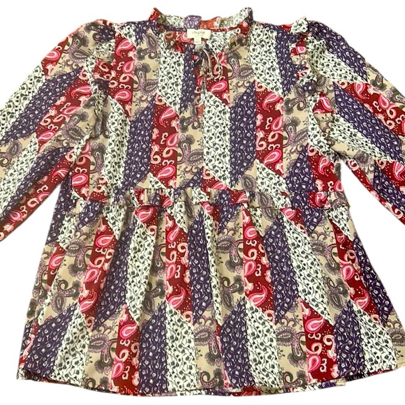 Umgee Tops - Umgee Mixed Print Ruffle Blouse Top in Mixed Wine Women’s Size Large
